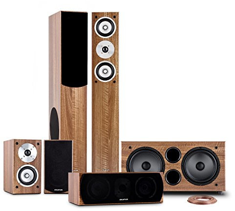 AUNA Linie-501-WN - Ensemble Enceintes 5.1 Home Cinéma 600W RMS, HiFi - châssis bassreflex en Bois - 2 Enceintes colonnes, 2 Enceintes bibliothèque, subwoofer, Enceinte Centrale