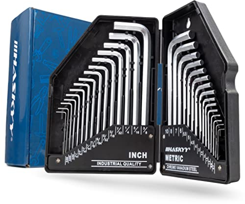 HASKYY 30-tlg. Innen-Sechskant-Winkel-Schlüssel-Satz HX - SAE 0.028-3/8 - Metrisch 0,7-10mm - Innen-Sechkanst-Zoll-Imbus-Set phosphatiert