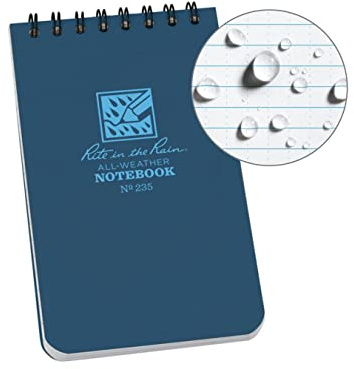 Rite in the Rain Waterproof Paper Universal Pocket Top Wire Bound Spiral Notebook Blue 100 Pages 50 Sheets Imperial & Metric Ruler Universal Pattern 3 x 5 Inch