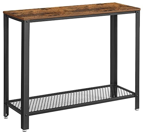 VASAGLE Table Fine Console 2 Niveaux, Meuble Entrée, avec Étagère Grillagée, Cadre en Métal, Pieds Réglables, Couloir, Salon, Style Industriel, Marron Rustique et Noir LNT80X