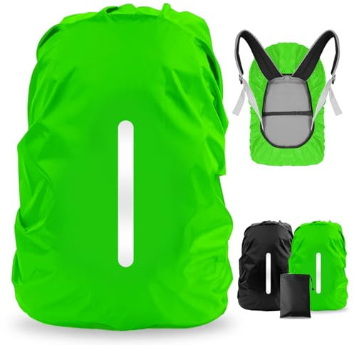 LAMA Regenschutz Rucksack wasserdichte 2 Stück Regenhülle Schulranzen mit reflektierende Streifen verstellbare Schnalle für Wandern Klettern Camping Reisen Outdoor Aktivitäten L 41L-55L Schwarz Grün