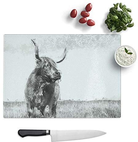 Glass Chopping Board - Highland Cow in Abstract - Textured Worktop Saver Cutting Board - Heat Resistant, Shatterproof and Hygenic - 39 x 28.5 cm