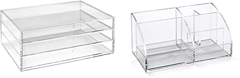 OSCO A3TSL Magazin mit 3 Schubladen aus klarem Acryl im Querformat farblos & AD01 Schreibtisch-Organizer aus klarem Acryl, Clear Acrylic