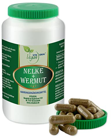 VITA IDEAL Vegan® Gewürz NELKE + WERMUTKRAUT 360 KAPSELN - Artemisia absinthium - Tagesportion 700mg GEWÜRZNELKE + WERMUT - KRAUT reines Pulver. Natürlich, pflanzlich & ohne Zusatzstoffe.