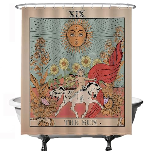 Ulticool Duschvorhang - Sonne Natur Blumen Tarot Horoskop Vintage Retro - 180 x 200 cm – Waschbar – Anti Schimmel - Wasserdicht - mit 12 Ringe - Terra Cotta