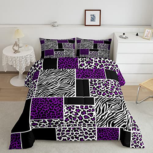Manfei Geometrisches Plaid Patchwork Bettwäsche-Set Queen, Leopard Zebra Textur Bettwäsche-Set 3-teilig für Kinder, romantisches Bettwäsche-Set, rustikaler Bauernhaus-Bettbezug mit 2 Kissenbezügen