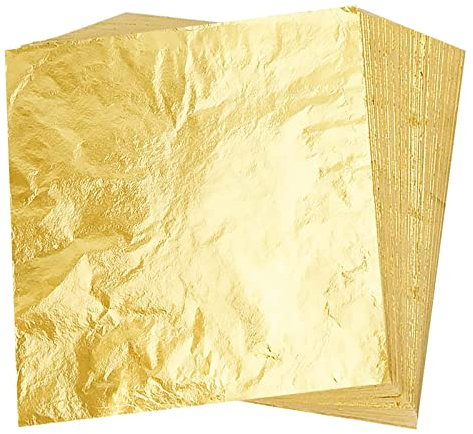 Gold Leaf, 200 Stück Farben Imitation Blattgold, Vergoldung Folie, Goldfolie zum Basteln-Blattgold Imitation für DIY Basteln Künstlerbedarf zum Vergolden Malerei, Schmuckherstellung und Nagelkunst