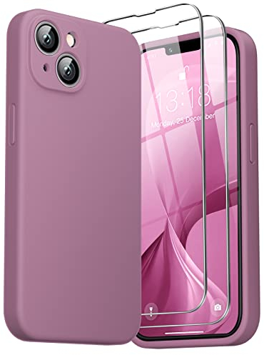 GOODVISH 3 in 1 Cover in Silicone per iPhone 14 6,1'' (2022), con 2 Pezzi di Pellicola Protettiva, Custodia per Cellulare Ultra Sottile Antiurto Resistente Protezione Fotocamera, Viola Rosa