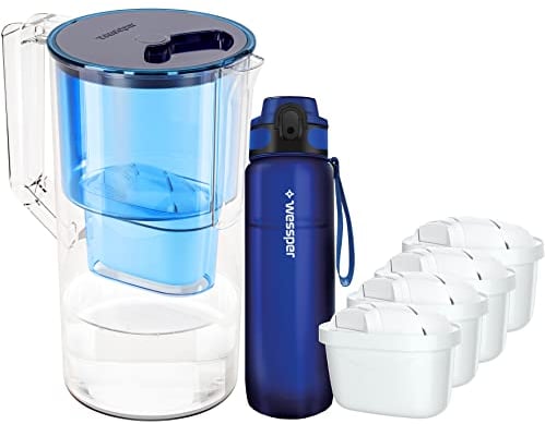 Wessper Kit Carafe Filtrante 2.5 L un filtre à eau | Bouteille d'eau 500ml avec Filtre et Marqueur de Temps | 4x Cartouches Filtrantes Remplacement de Dafi Unimax BRITA Maxtra+ PHILIPS AWP212/10, Bleu