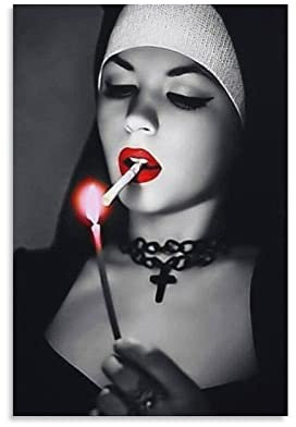 Poster, Motiv: sexy Nonne, rauchende Zigarette, coole Kunstwerke, Gemälde, Wandkunst, Leinwanddrucke, hängende Bilder, Poster, 50 x 75 cm, Schwarz und Weiß