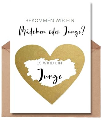 The Life Barn Rubbelkarte Es wird ein Junge Geschlecht verkünden Baby | Hochwertige Karte aus 350g Papier, goldenes Herz Rubbeletikett, inkl Kraftpapierumschlag