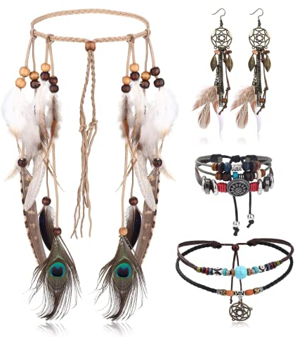 LOLIAS 4 Teiliges Indianer Kopf Schmuck Set Lederhalskette Und Feder Ohrringe Für Damen Handgefertigtes Armband Vintage Boho Hippie Tribal Mottoparty Karneval Schmuck
