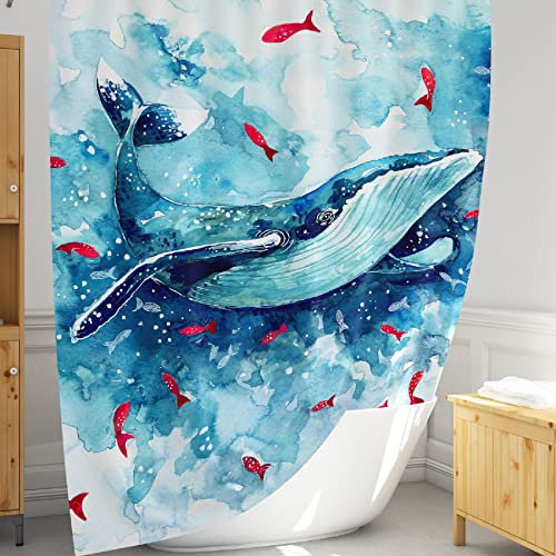 Rideau de baignoire bleu étanche en superbe motif art nautique de baleine, Rideau de douche tissu anti moisissures pour équiper le décor salles de bains,Ensemble de rideau douche lavable avec crochets
