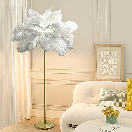 YQGOO Stehlampe Federn 160cm Federlampe Stehlampe Wohnzimmer Gold Led Dimmbar Stehleuchte Palm Tree Feder Lampe Mit Knopfschalter (White)
