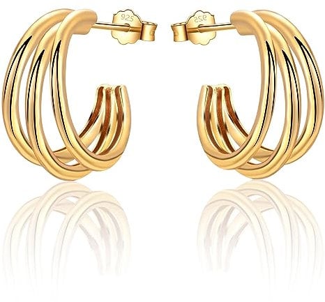 USEEDOVIA Sterling Silver Gold Hoop Earrings for Women, Huggie Chunky Triple Hoop Earrings Hypoallergenic Lightweight 18k Gold Plated Claw Hoop Earrings Birthday Gifts for Her Girls