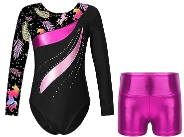 iEFiEL Mädchen Turnanzug Gymnastik Trikotanzug Glänzende Tanzbekleidung Set Klassisch Gymnastikanzug Langarm Tanzbody Xc Blätter schwarz 146-152