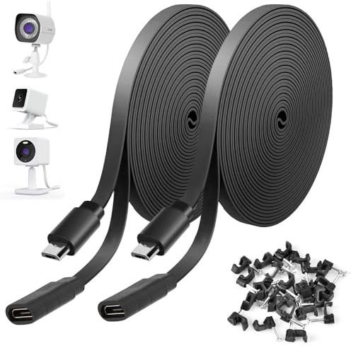 Uogw 2Pack 10ft Micro USB Extension Cable Compatible with Zmodo,Wyze Cam V4,Wyze Cam OG,WYZE Cam Pan,Wyze Cam V3,Kasa Camera EC60,KC100,KC400,Male to Female Extender Cord,Flat Charging Cable(Black)