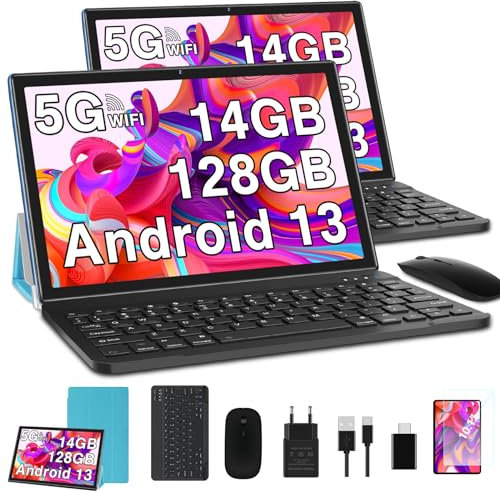 2024 Newest Tablet 10 Pulgadas 14GB RAM + 128GB ROM (1TB TF), Android 13 5G + 2.4G WiFi, Cores 2.0Ghz, GPS, Bluetooth 5.0, 8MP + 5MP, Type C, OTG, Cast, Tablet PC con Funda, Teclado e Ratón - Azul