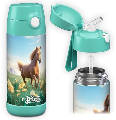Jarlson® Trinkflasche Kinder Edelstahl CHARLI mit Strohhalm - Thermosflasche 350ml - TÜV geprüft - BPA frei - auslaufsicher - Thermo Wasserflasche für Schule, Kindergarten - Pferd 2.0, 350 ml