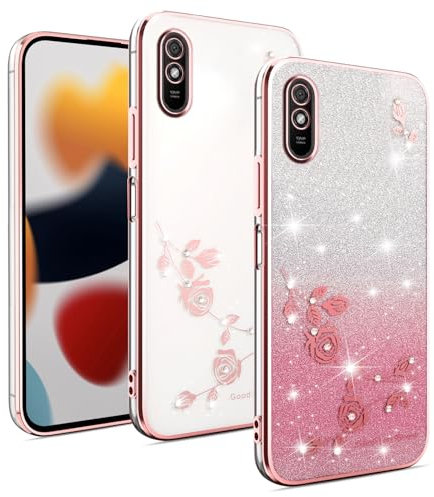 XINYEXIN Transparent Glitzer Hülle für Xiaomi Redmi 9AT / Redmi 9A, Bling Glitter Handyhülle Ultradünn Stoßfest, Niedliche Glitzernde Schutzhülle für Frauen Mädchen - Roségold