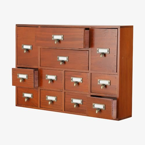 PACKGILO Apothekerschrank mit 12 Schubladen, Tisch-Apotheker-Schubladen, Bibliothekskarten, Katalogschrank, Medizinschränke, Holz, Schreibtisch-Organizer, Holz-Aufbewahrungsbox (braun)