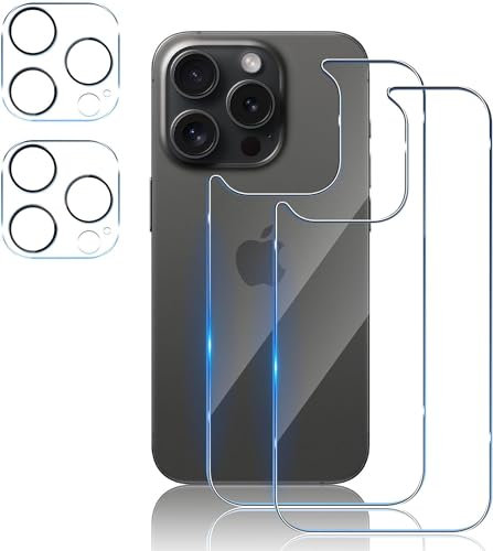 TUTUO [2+2 Pack Tempered Glass Compatible with iPhone 15 Pro Max Back Screen Protector + Camera Lens Protector, Anti-Scratch No Bubbles 9H Hardness HD Back Screen Protector Protective Film