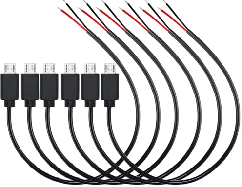 RUNCCI-YUN 6Pcs Micro USB Pigtail Cable, 2-core to Open End, Easy Soldering, DIY Enthusiasts (Black, 30 cm)