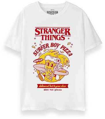 Stranger Things Herren T-Shirt | Erwachsene Surfer Pizza Boy Kurzarm-Grafik-T-Shirt in Weiß | Retro-Vintage-Stil klassisches Logo-Bekleidungsoberteil | Netflix TV-Serie Merchandise Bekleidung Geschenk