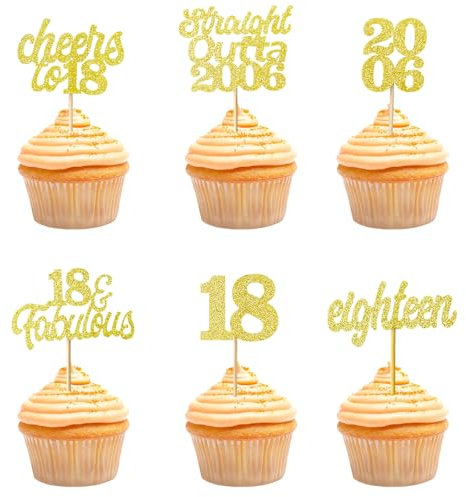 Teselife Tortendeko 18. Geburtstag: 24 Stück Glitzer Gold Cupcake Topper für 18er Geburtstag Party Torten Kuchen Deko