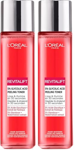 L'Oréal Paris - Lotion Peeling Visage Lissante et Exfoliante - Élimine les Points Noirs, Pores Dilatés & Imperfections - À l'Acide Glycolique 5% - Peeling Toner Revitalift - 180 ml (Lot de 2)