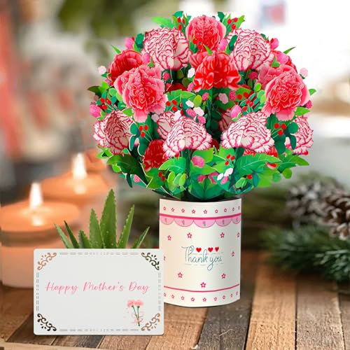 YianHien Nelke Geburtstagskarte Frau, Schöne 3D Nelke Blumen Karte Muttertag für Mama Ehefrau Freundin, Pop Up Blumenstrauß 3D Nelke Muttertagskarte mit Umschlag, Dankeschön-Karte, Jubiläumskarte