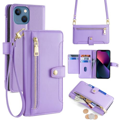 ERDARARIPRO Crossbody Phone Case for Apple iPhone 11 Pro with Lanyard, Flip Wallet Cover with Kickstand & Magnetic Zipper [6 Card Slots+1 Cash Slots] Folio in Luxury Vegan Leather Purple