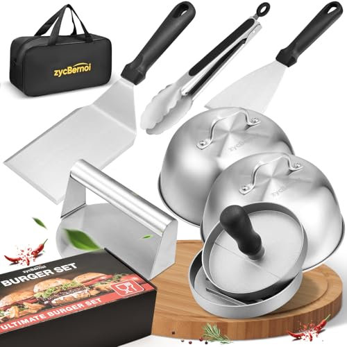 zycBernoi Smash - Set per hamburger, 8 pezzi, con 2 campane per hamburger, pressa per hamburger, smasher, spatola, pinza per griglia, piastra a gas e piastra di fuoco, inclusa custodia