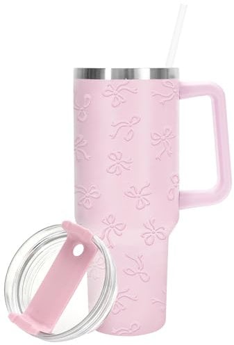 JarThenaAMCS Pink Bow Tumbler with Lid and Straw 40 Oz 5D Ribbon Bow Printed Tumbler with Handle Pink Stainless Steel Cup Gift For Christmas Home Office Travel