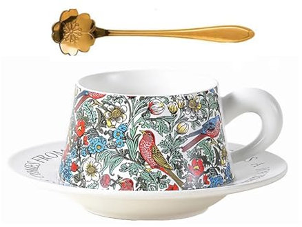 Eplze YBK Tech Morris Style Ceramic Cup and Saucer Set, 9oz Teacup with Saucer- Birds and Floral Pattern (White)