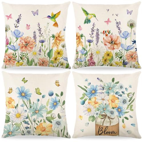 4 Stück Blumen Kissenbezug 40x40cm,Kissenbezüge Frühlings Blumen,Frühling Urlaub Kissenbezug Dekoration,Leinen Kissenhülle Blume Garten Schmetterlinge Und Vögel,Für Sofa Schlafzimmer Dekoration (A)