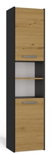 BDW Badezimmerschrank, 170 x 40 x 30 cm, SARA S40 mit Türanschlag Links/Rechts, Silberne Griffe, Laminierte Spanplatte (Anthrazit/Eiche Artisan)