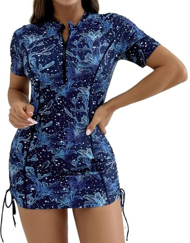Odizli Swimming Costume Women Short Sleeve Zip Up Hawaiian Floral Rash Vest Shirt Top Swim Shorts 2 Piece Swimsuit Ladies UV Rash Guard Swimwear Surfing Bathing Suit Wetsuit Beach Wear Navy Blue M