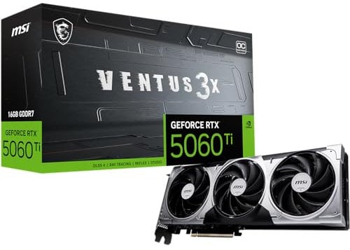 MSI GeForce RTX 5060 Ti 16G VENTUS 3X OC Graphics Card - RTX 5060 Ti GPU, 16GB GDDR7 (28Gbps/128-bit), PCIe 5.0 - TRIPLE Fan Thermal Design (3 x TORX FAN 5.0) - HDMI 2.1b, DisplayPort 2.1b