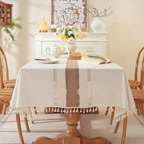 Lifetooler Tischdecke Abwaschbar Baumwolle Leinen Tischdecken Rechteckig Wasserdicht mit Quasten Tischtuch Modern für Küche Outdoor Tischdekoration(Beige,140x220cm)