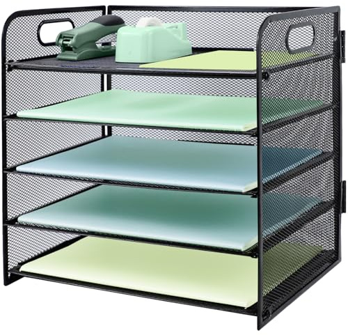 IOUGDSEC Paper Letter Tray with Handle, 5 Tier Metal Mesh Desk File Organizer, A4 Paper Desktop Filing Trays, Desk Tidy Magazine Document Holder for Home Office, Black
