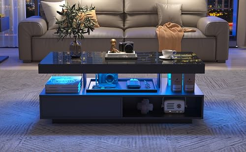 ModernLuxe High Gloss Black Coffee Table with LED Lights, Modern Rectangle Side End Table with Drawers & Open Storage, Console Centre Table with Glass Insets, 95x50x42.5cm, Smart App Control