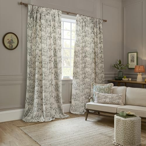 Sanderson Chinese Lanterns Room Darkening Pencil Pleat Curtain Pair– Floral Embroidered Striped Lined Drapes (Linen - 229x137cm)