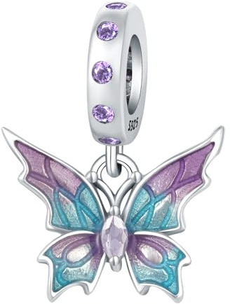 Trans Viola Resina Farfalla Ciondolo Fascino, 925 Argento Sterling Fascino Braccialetto Accessorio, Compatibile con Braccialetto Pandora Collana