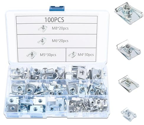 Set di Clip per Auto Tipo U, 100 Pezzi Clip per Dadi a U, Clip di Metallo Dado di Fissaggio con Scatola di Conservazione, per Moto, Auto, Motore, Parafango(M4, M5, M6, M8)