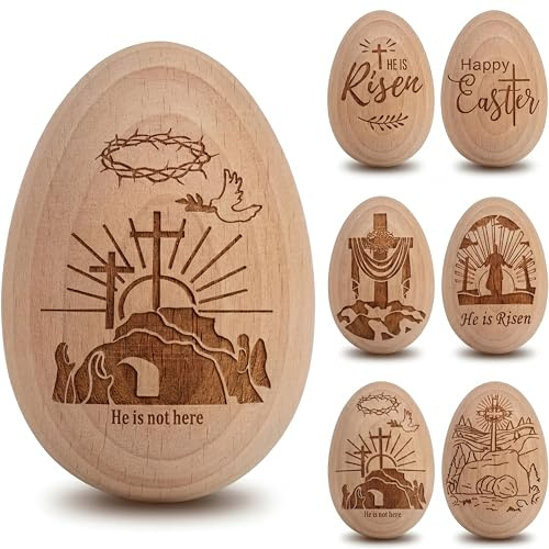 Yookeer 6 Pcs Wooden Resurrection Eggs Easter Christian Gifts He is Risen Basket Stuffers Centerpieces Decor for Home Table, Tiered Tray, Religious Decorations(6 Pcs,Christian)