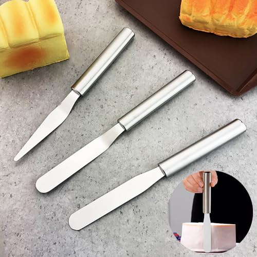 Hongmeru Professional 3 Pcs Icing Spatula Set, Stainless Steel Blade Angled Offset & Straight Palette Knives, Cake Decorating Tools for Baking, Frosting, Cupcakes, Pastry(Premium Kitchen Spatulas Set)