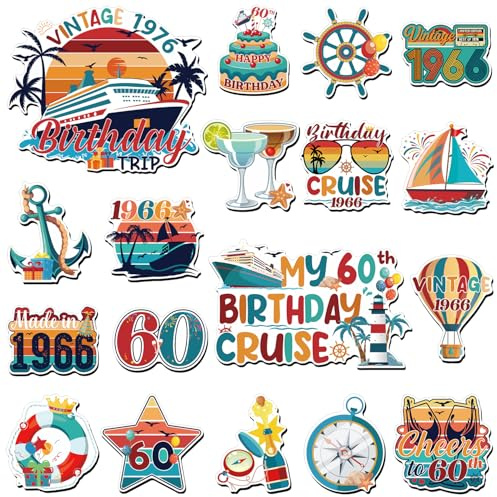 Wxiben 18 Pcs 60th Birthday Cruise Door Magnets Ship Decorations Magnetic | Vintage 1966 Birthday Magnet Stickers, Strong Magnet Grip, Firm Sticking, for Carnival, Party, Fridge, Stateroom Cabin Door