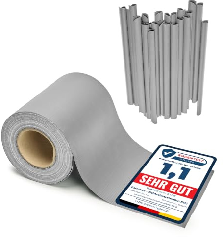 Garronda Cinta Pantalla de Privacidad PVC 19cm x 50m GD-0173 Gris | Tira para mallas de ocultación y vallas caladas en jardín, balcón o terraza; resistente a UV e incluye clips de fijación
