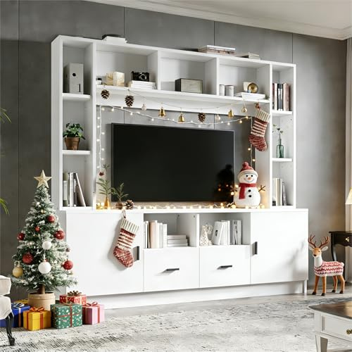 Wiuzo 180x35x170cm TV Wohnwand-Set mit Vitrine,Mediawand inkl.TV-Board-Set und Regal, mit 2 Schränke, 2 Schubladen, 11 Staufächer, Anbauwand, Wohnzimmerwand, TV bis 60',Weiß